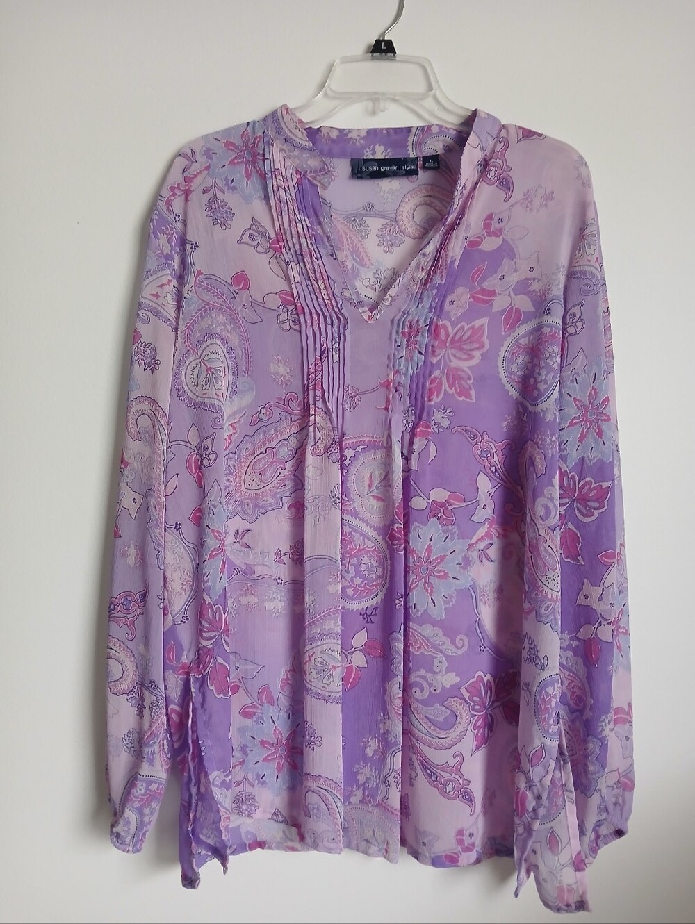 Susan Graver Purple Floral Top Size XL Semi Sheer